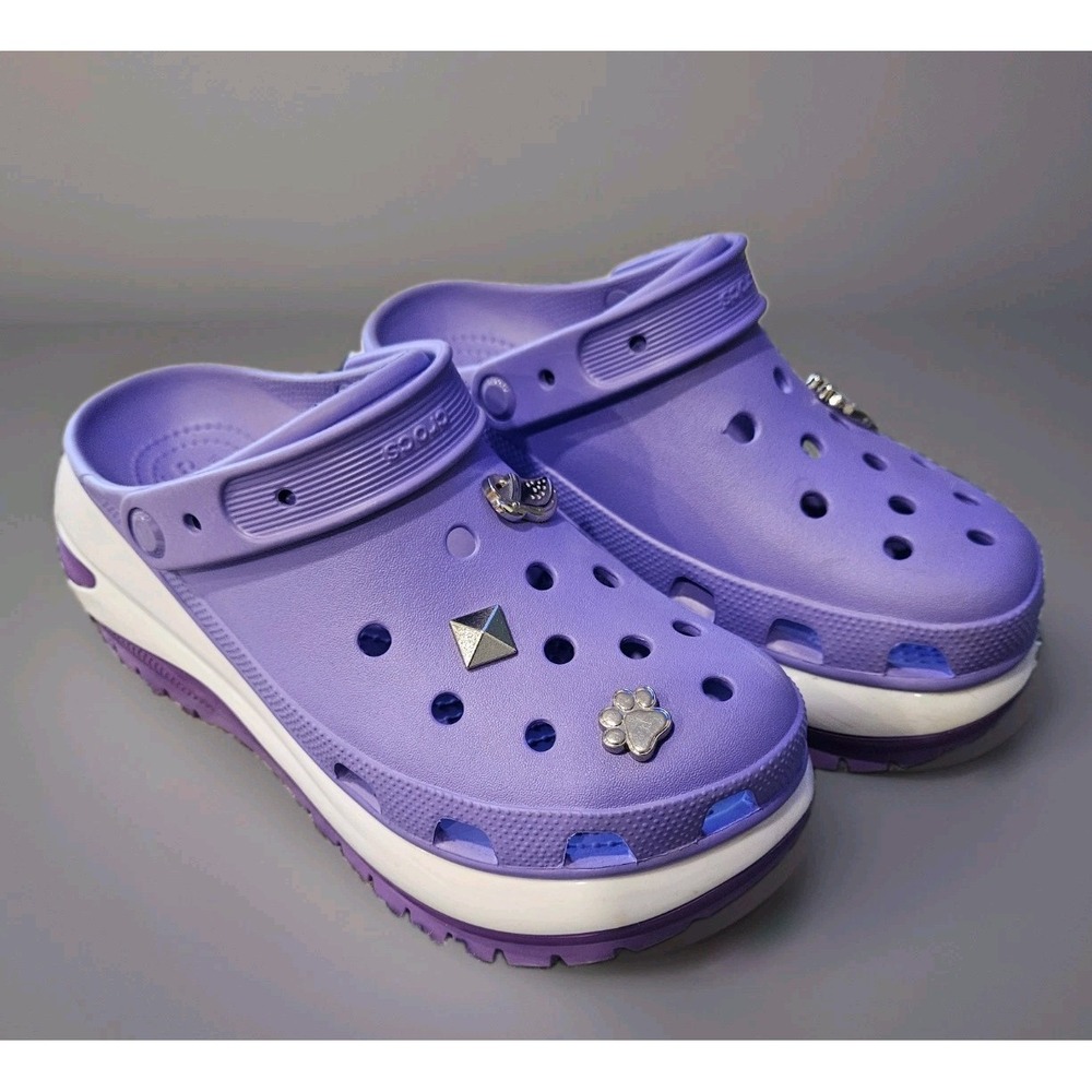 Crocs Mega Crush Clogs Purple Platform Womens 10 Silver Jibbitz Charms